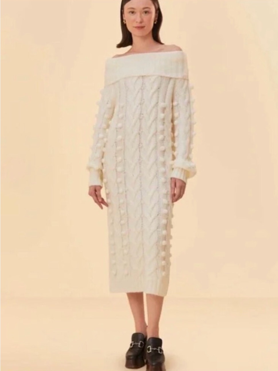 Farm Rio Off-Shoulder Cream Cable Knit Pom Pom Midi Dress